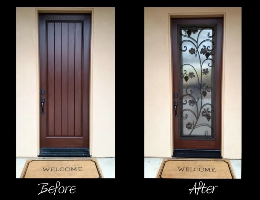 A before and after comparison of a brown door