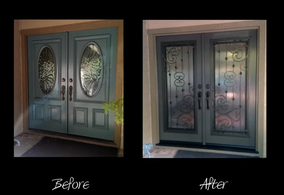 A before and after comparison of a blue double door