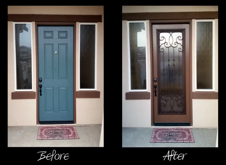 A before and after picture of the front door.