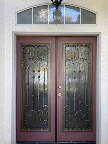 A double door with a violet color
