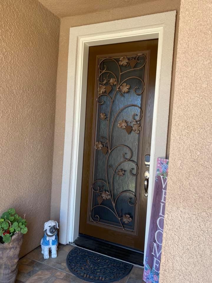 A brown door with glass