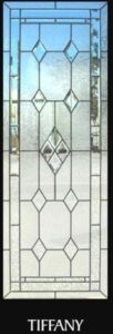 A stained glass window with a diamond pattern.