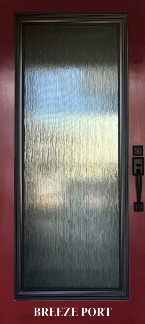 Frosted glass door with black frame.